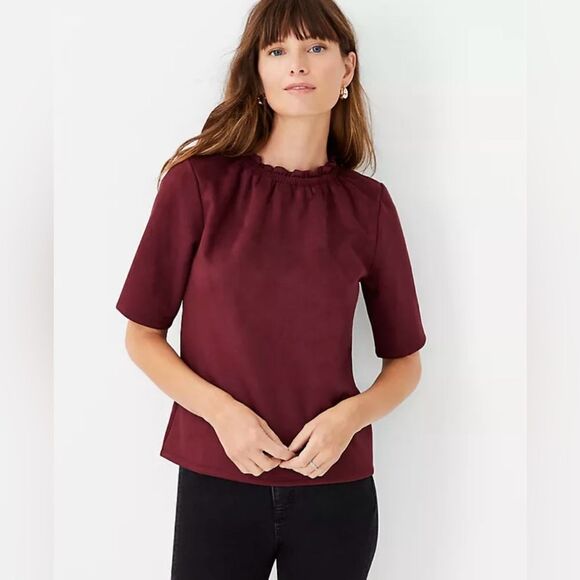 Ann Taylor SZ Medium Faux Suede Ruffle Neck Top in Smoked Garnet Preppy Career - Picture 1 of 7